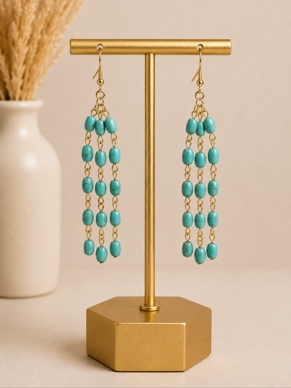 Plunder Designs turquoise beaded triple-chain dangle earrings